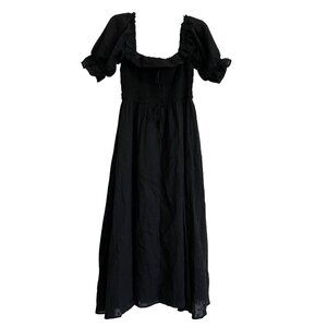 Women’s Maxi‎ Black Dress Square Neck Puff Sleeves Sz XL Smoked Flowy Polka Dot